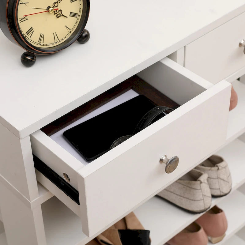 Meuble à chaussures blanc à 4 niveaux avec 2 tiroirs, étagère de rangement pour entrée