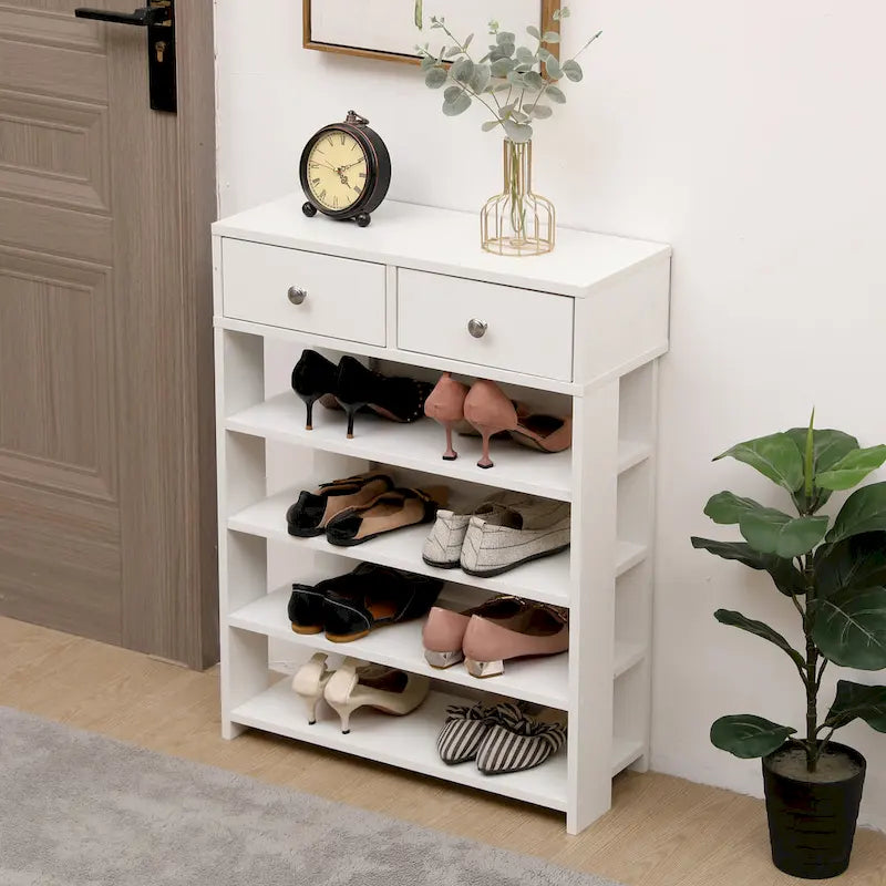 Meuble à chaussures blanc à 4 niveaux avec 2 tiroirs, étagère de rangement pour entrée
