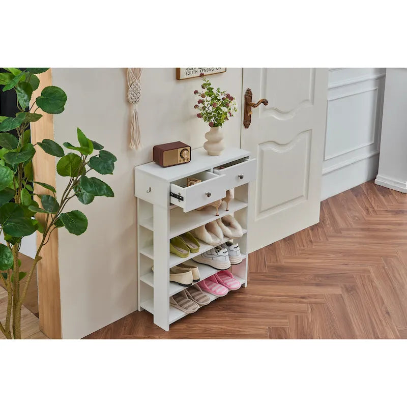 Meuble à chaussures blanc à 4 niveaux avec 2 tiroirs, étagère de rangement pour entrée