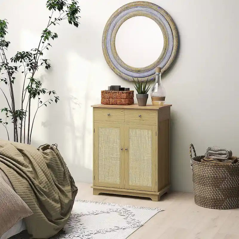 Meuble de rangement de cuisine en bois naturel avec 2 tiroirs, 2 portes et étagère réglable