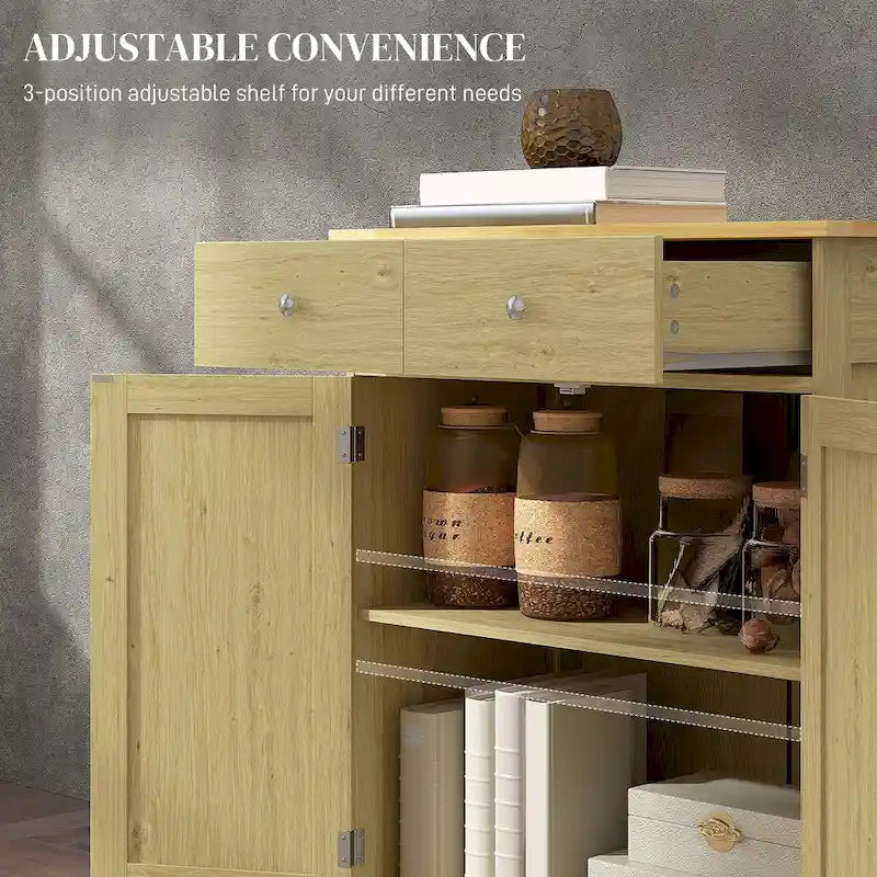 Meuble de rangement de cuisine en bois naturel avec 2 tiroirs, 2 portes et étagère réglable
