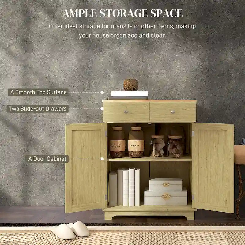 Meuble de rangement de cuisine en bois naturel avec 2 tiroirs, 2 portes et étagère réglable