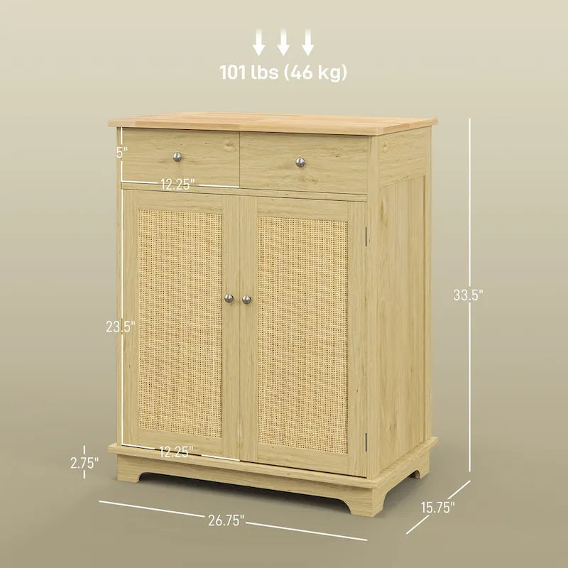 Meuble de rangement de cuisine en bois naturel avec 2 tiroirs, 2 portes et étagère réglable