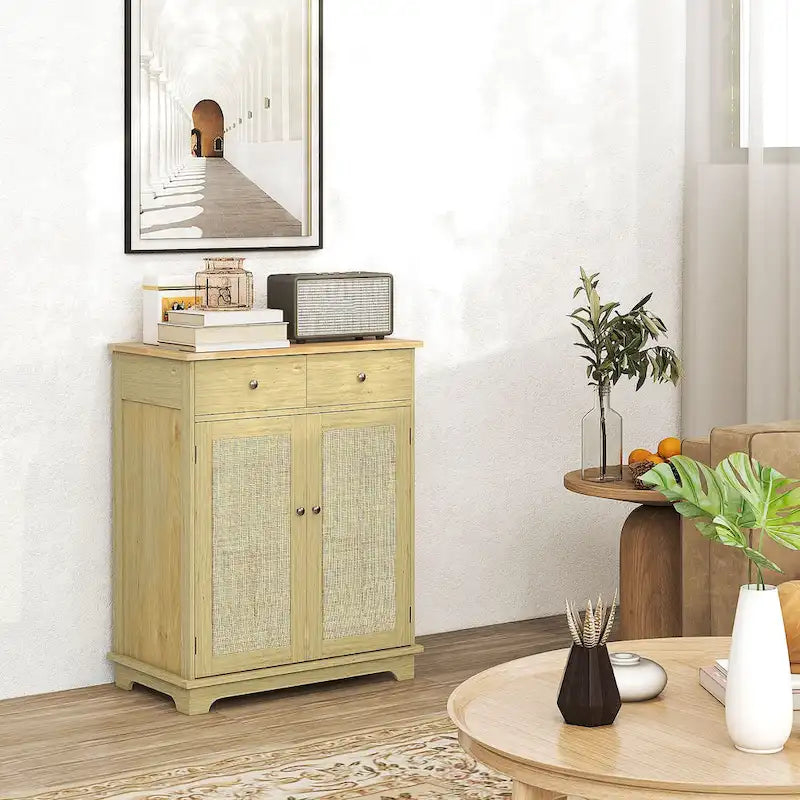 Meuble de rangement de cuisine en bois naturel avec 2 tiroirs, 2 portes et étagère réglable