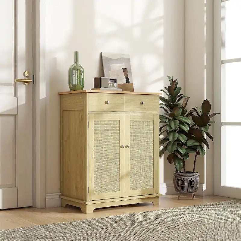 Meuble de rangement de cuisine en bois naturel avec 2 tiroirs, 2 portes et étagère réglable