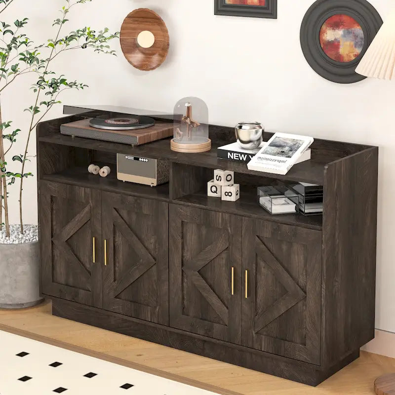 Buffet/Bahut marron et blanc avec poignées métalliques, assemblage à 2 personnes