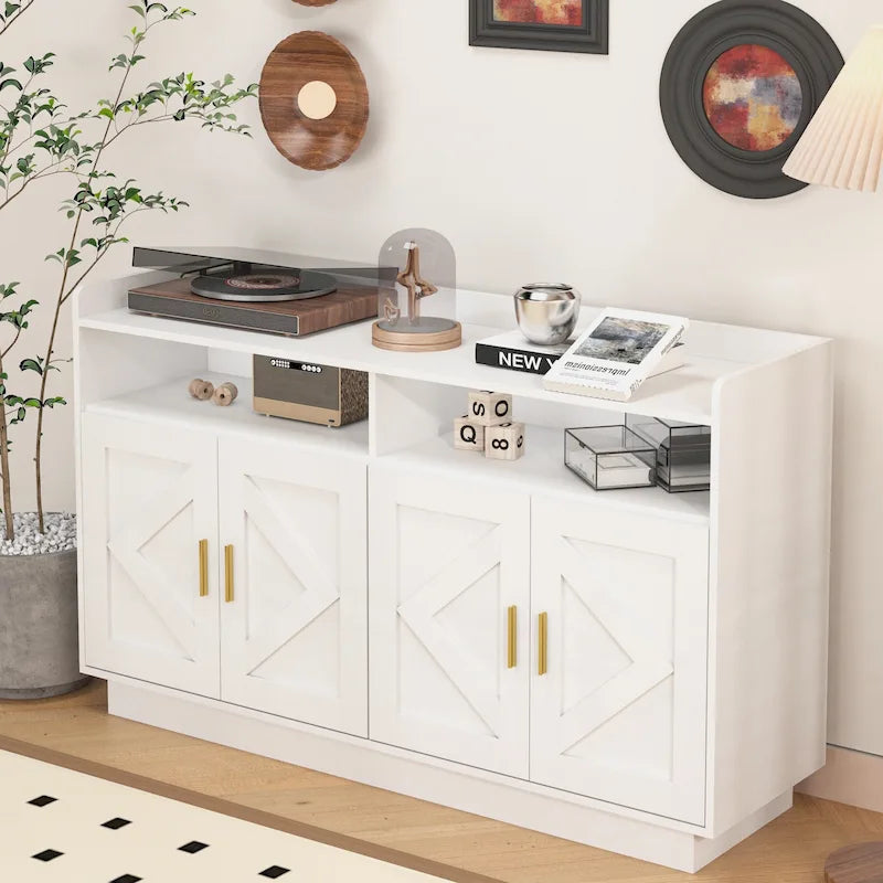 Buffet/Bahut marron et blanc avec poignées métalliques, assemblage à 2 personnes