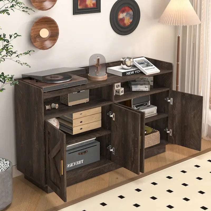 Buffet/Bahut marron et blanc avec poignées métalliques, assemblage à 2 personnes