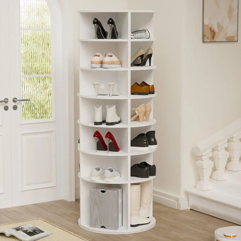 Tour de rangement à chaussures rotative à 360°, 7 niveaux, blanche – Peut contenir 28 paires