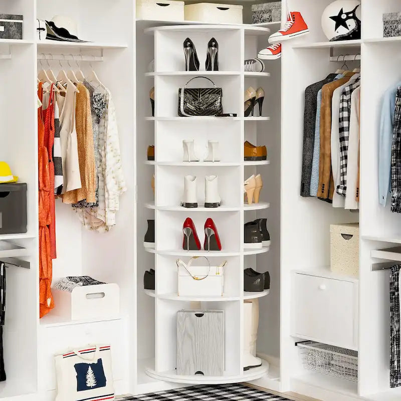 Tour de rangement à chaussures rotative à 360°, 7 niveaux, blanche – Peut contenir 28 paires