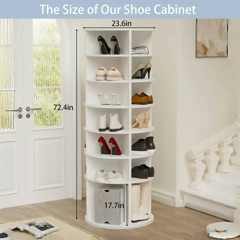 Tour de rangement à chaussures rotative à 360°, 7 niveaux, blanche – Peut contenir 28 paires