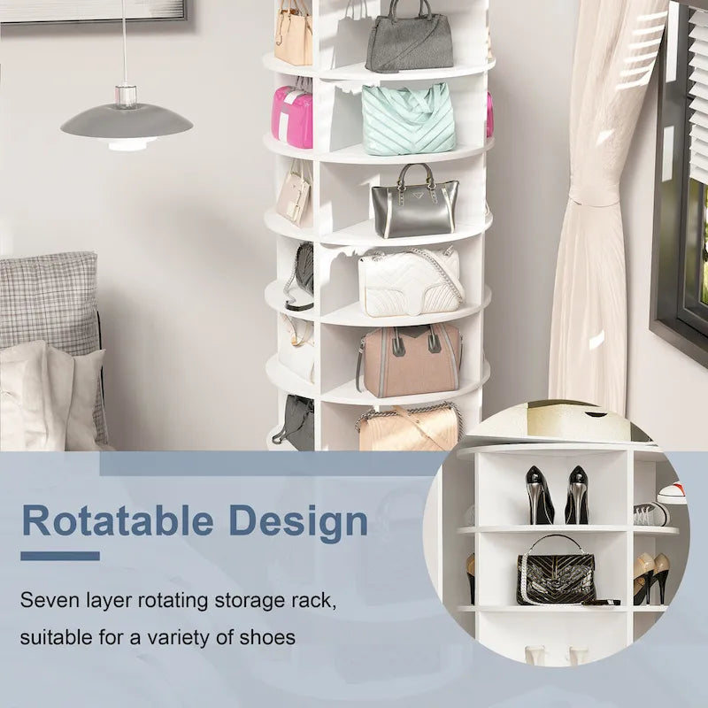 Tour de rangement à chaussures rotative à 360°, 7 niveaux, blanche – Peut contenir 28 paires