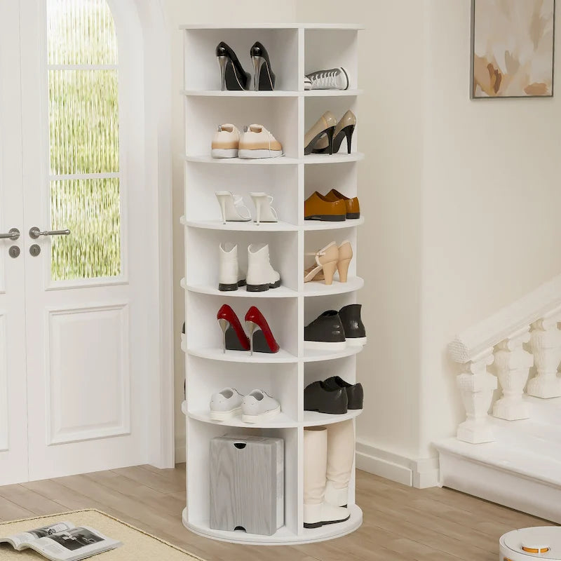 Tour de rangement à chaussures rotative à 360°, 7 niveaux, blanche – Peut contenir 28 paires