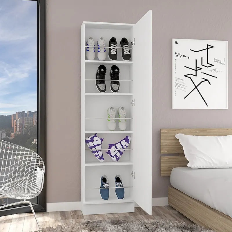 Meuble à chaussures noir/blanc à porte unique avec miroir, 5 étagères, peut contenir jusqu'à 10 paires