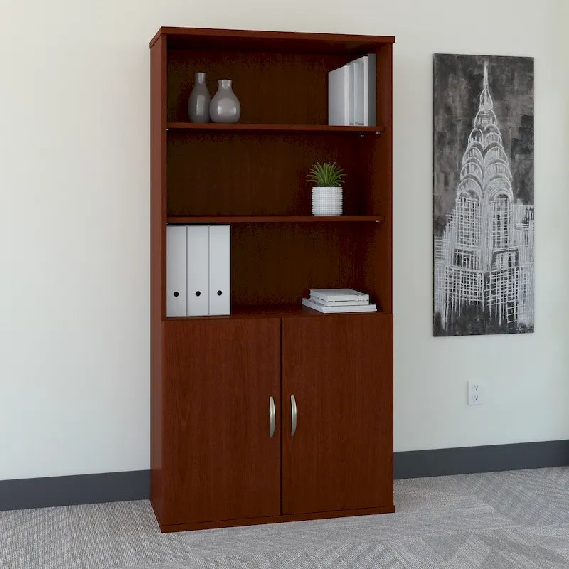 Bibliothèque 5 étagères avec portes, 36W – Acajou / Cerisier / Mocha, 1 personne
