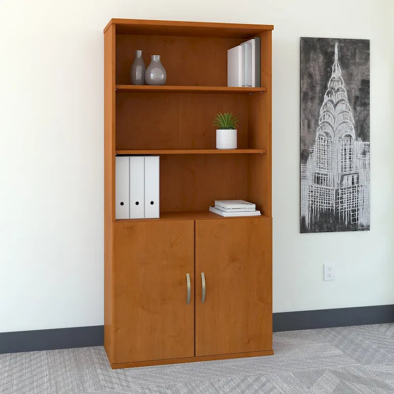 Bibliothèque 5 étagères avec portes, 36W – Acajou / Cerisier / Mocha, 1 personne
