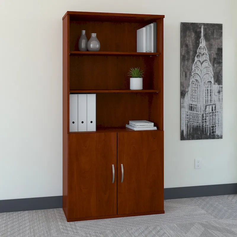 Bibliothèque 5 étagères avec portes, 36W – Acajou / Cerisier / Mocha, 1 personne