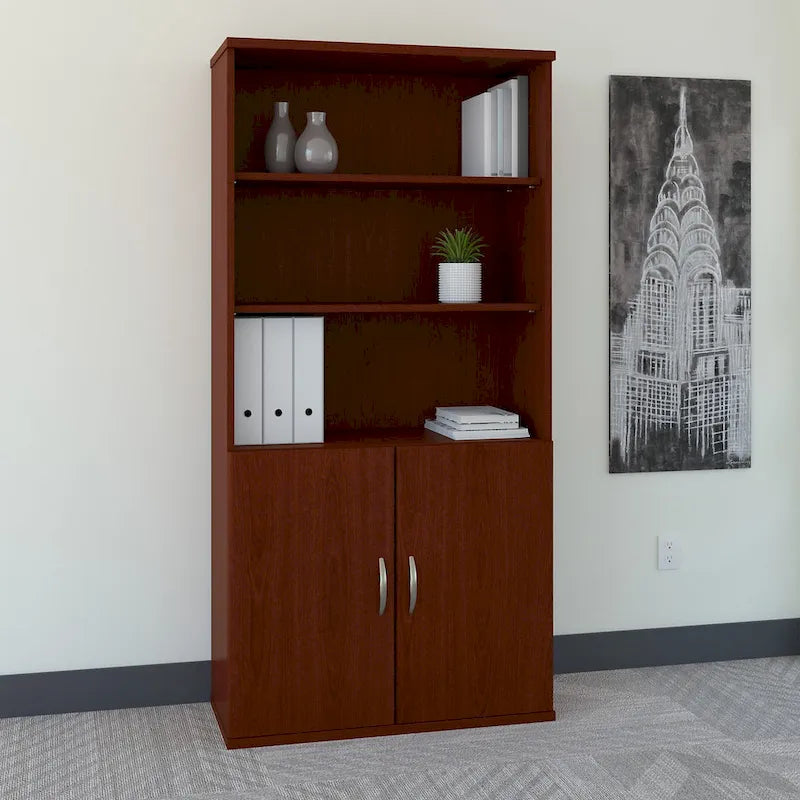 Bibliothèque 5 étagères avec portes, 36W – Acajou / Cerisier / Mocha, 1 personne