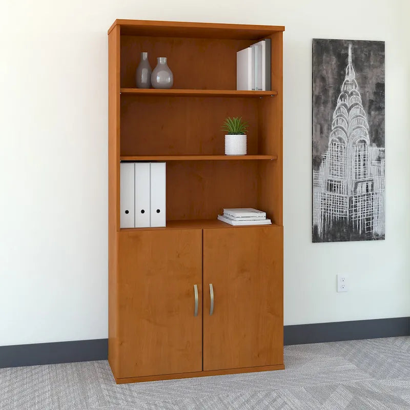 Bibliothèque 5 étagères avec portes, 36W – Acajou / Cerisier / Mocha, 1 personne