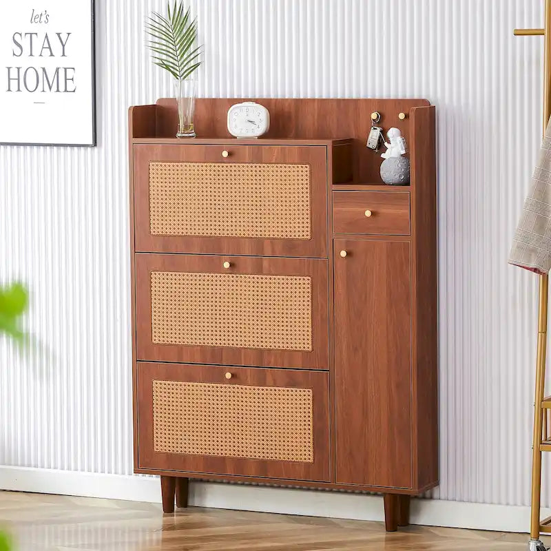 Meuble de rangement en rotin et bois, simple, porte-chaussures d'entrée