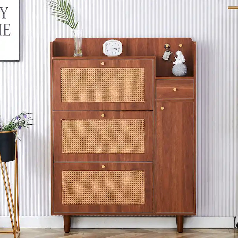 Meuble de rangement en rotin et bois, simple, porte-chaussures d'entrée