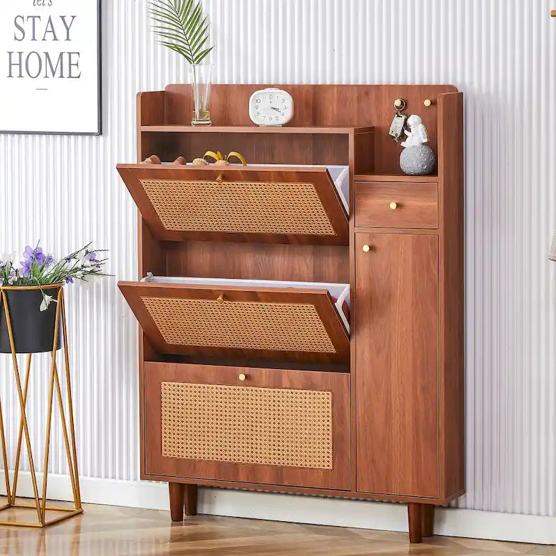 Meuble de rangement en rotin et bois, simple, porte-chaussures d'entrée