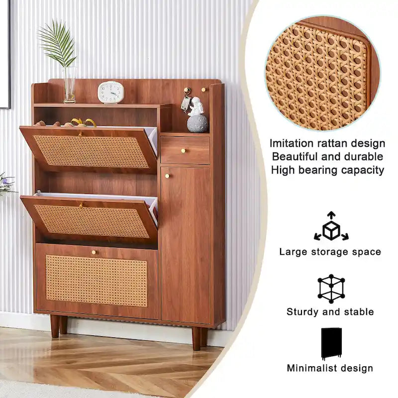 Meuble de rangement en rotin et bois, simple, porte-chaussures d'entrée