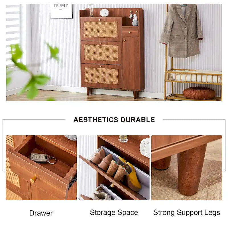 Meuble de rangement en rotin et bois, simple, porte-chaussures d'entrée