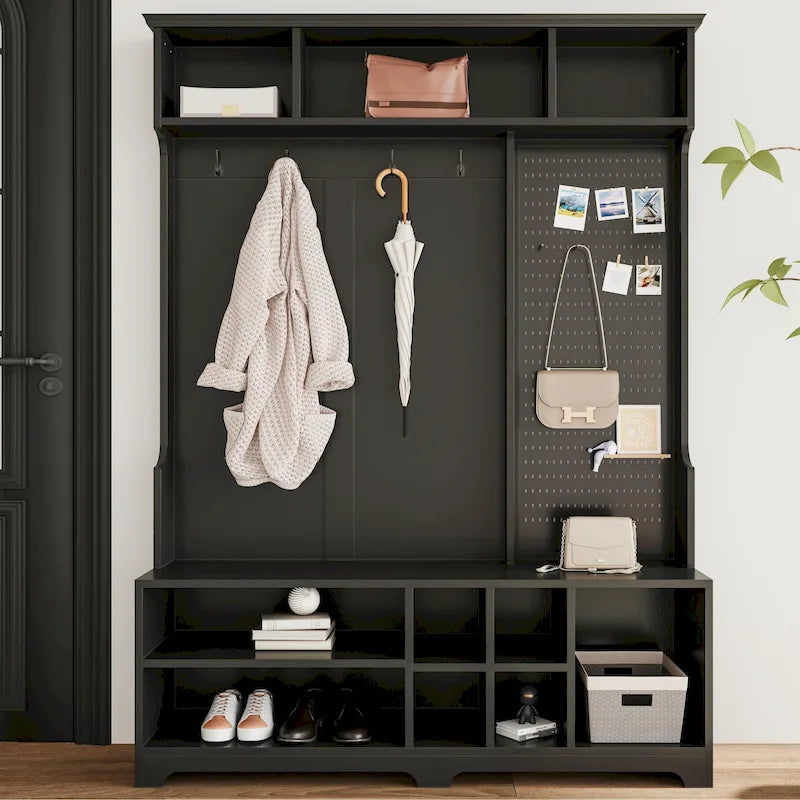 Meuble d'entrée / Vestiaire noir / blanc / marron avec banc à chaussures et panneau perforé, rangement 5-en-1