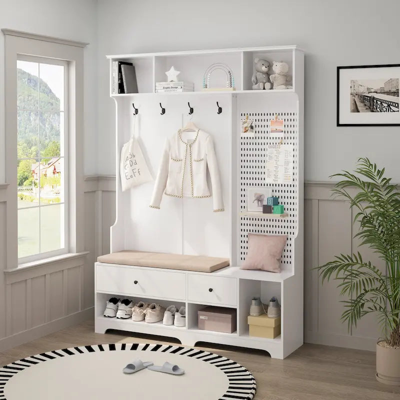 Meuble d'entrée / Vestiaire noir / blanc / marron avec banc à chaussures et panneau perforé, rangement 5-en-1
