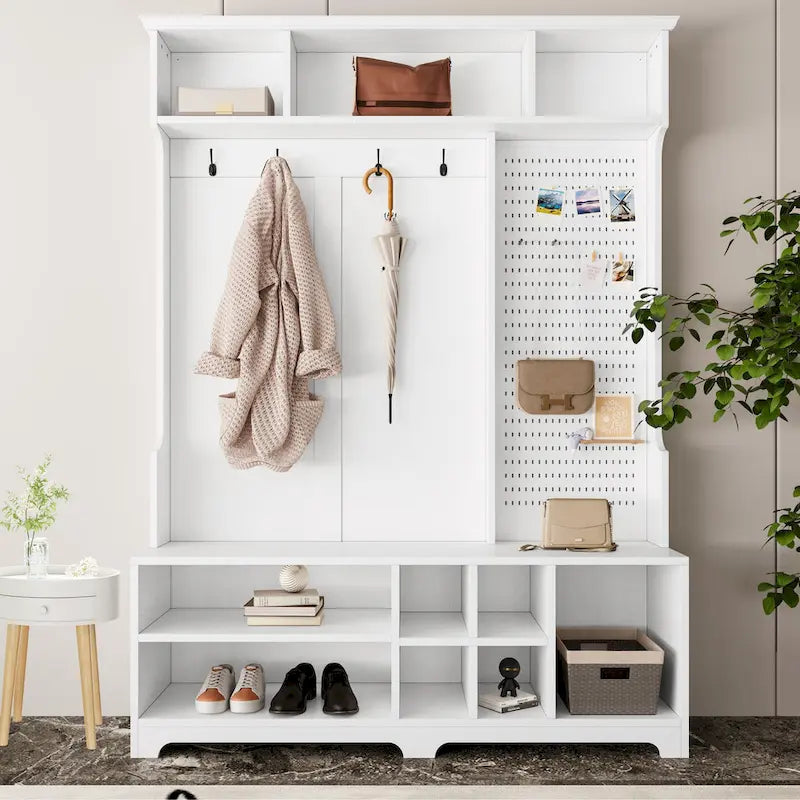 Meuble d'entrée / Vestiaire noir / blanc / marron avec banc à chaussures et panneau perforé, rangement 5-en-1