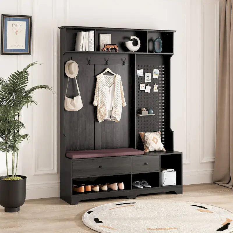 Meuble d'entrée / Vestiaire noir / blanc / marron avec banc à chaussures et panneau perforé, rangement 5-en-1