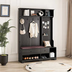 Meuble d'entrée / Vestiaire noir / blanc / marron avec banc à chaussures et panneau perforé, rangement 5-en-1