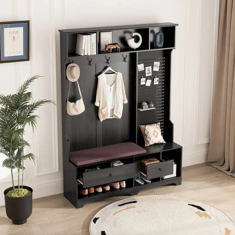 Meuble d'entrée / Vestiaire noir / blanc / marron avec banc à chaussures et panneau perforé, rangement 5-en-1