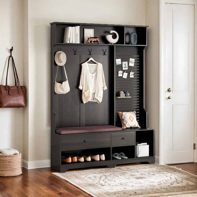 Meuble d'entrée / Vestiaire noir / blanc / marron avec banc à chaussures et panneau perforé, rangement 5-en-1