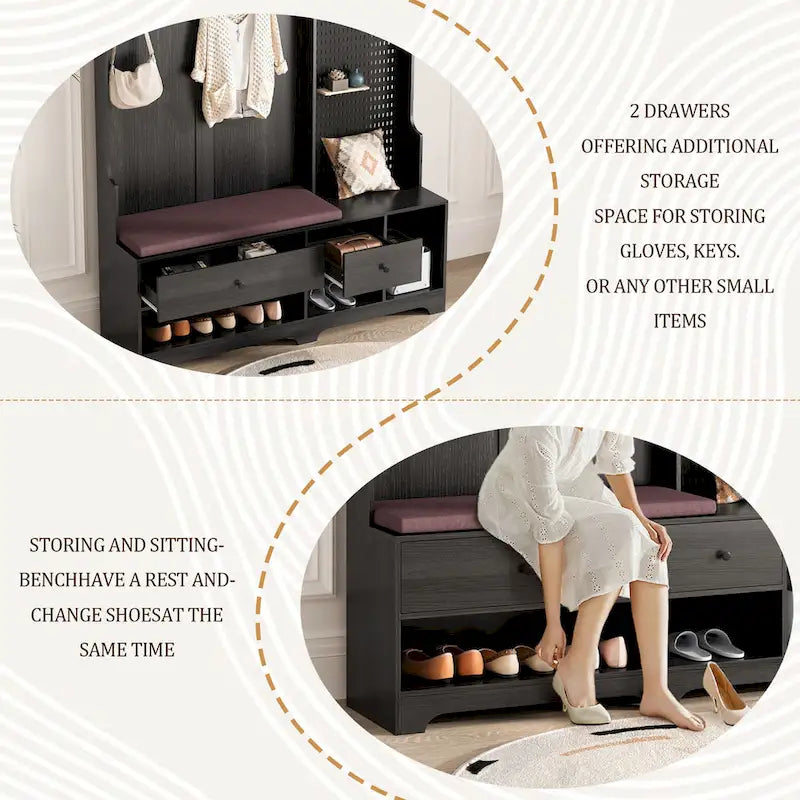 Meuble d'entrée / Vestiaire noir / blanc / marron avec banc à chaussures et panneau perforé, rangement 5-en-1