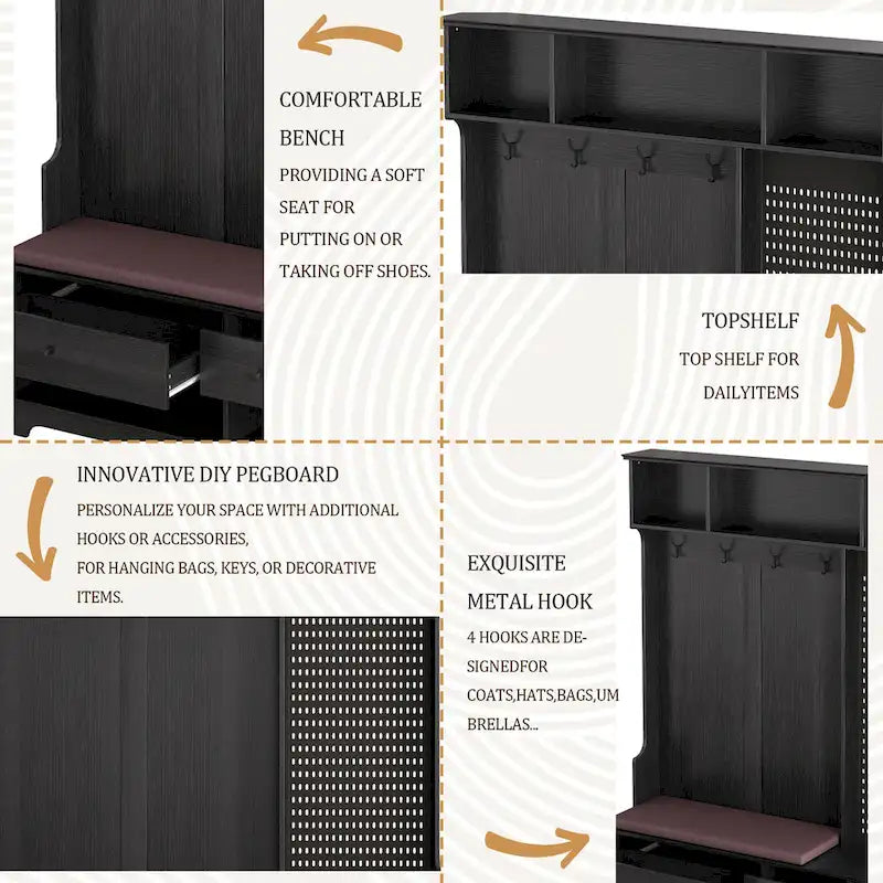 Meuble d'entrée / Vestiaire noir / blanc / marron avec banc à chaussures et panneau perforé, rangement 5-en-1