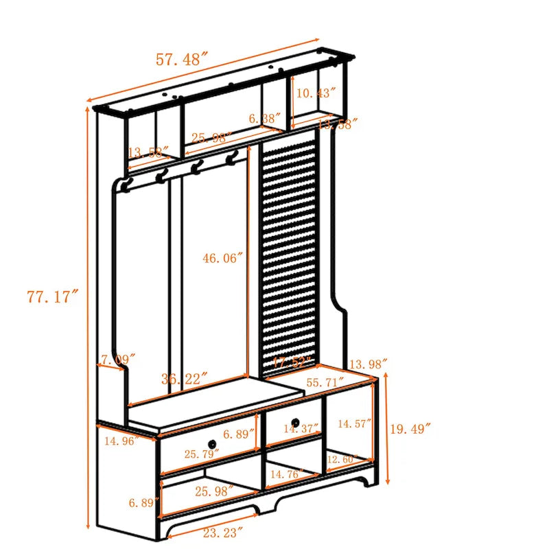 Meuble d'entrée / Vestiaire noir / blanc / marron avec banc à chaussures et panneau perforé, rangement 5-en-1
