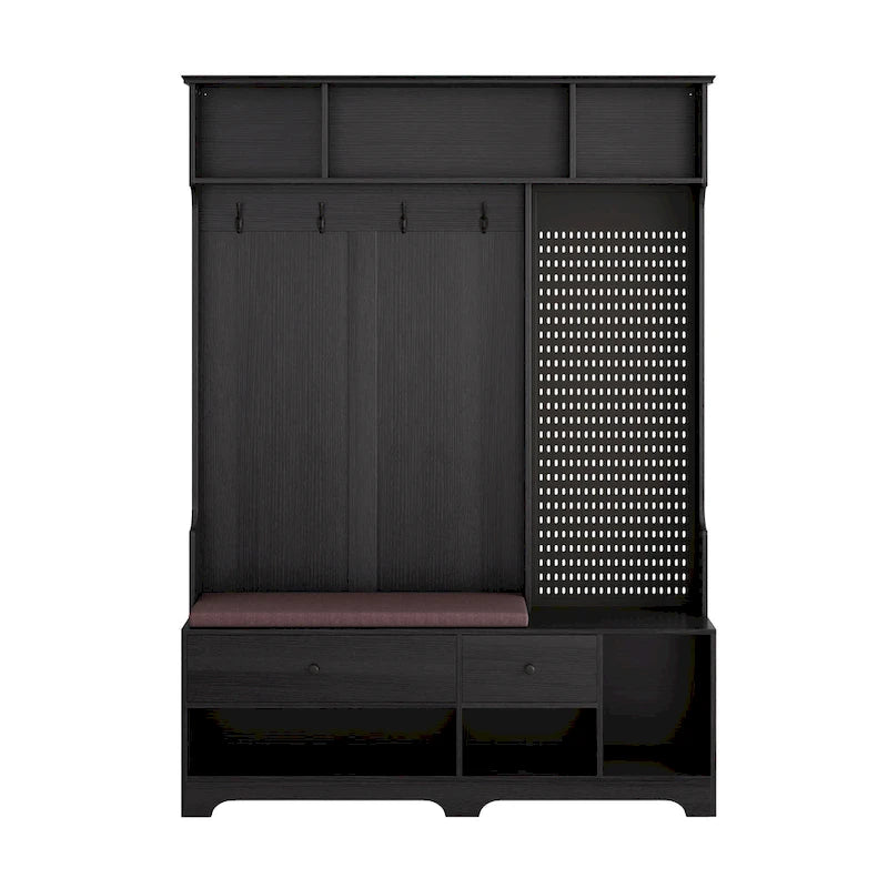 Meuble d'entrée / Vestiaire noir / blanc / marron avec banc à chaussures et panneau perforé, rangement 5-en-1