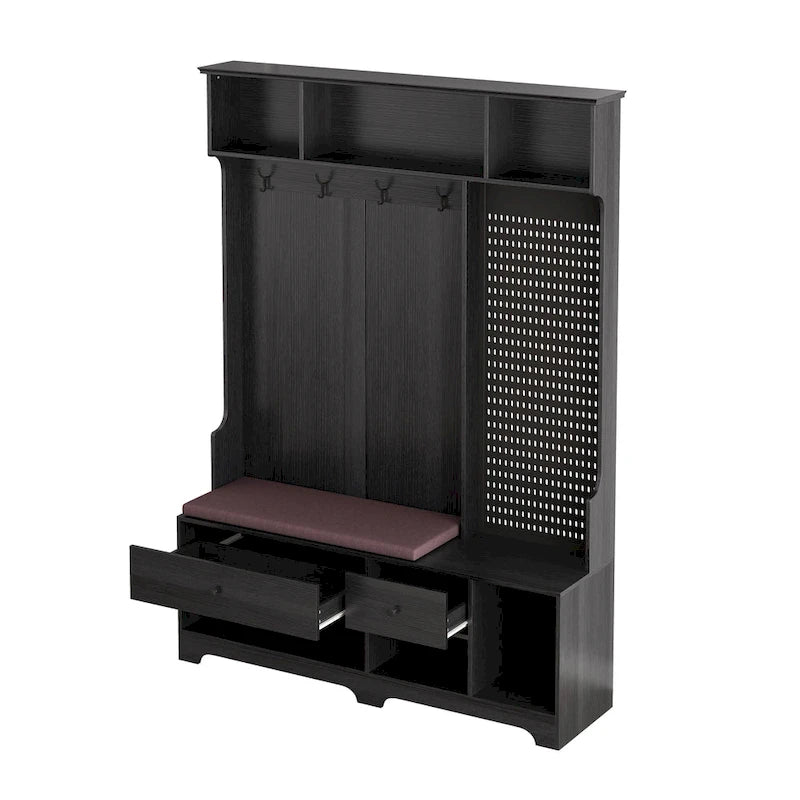 Meuble d'entrée / Vestiaire noir / blanc / marron avec banc à chaussures et panneau perforé, rangement 5-en-1