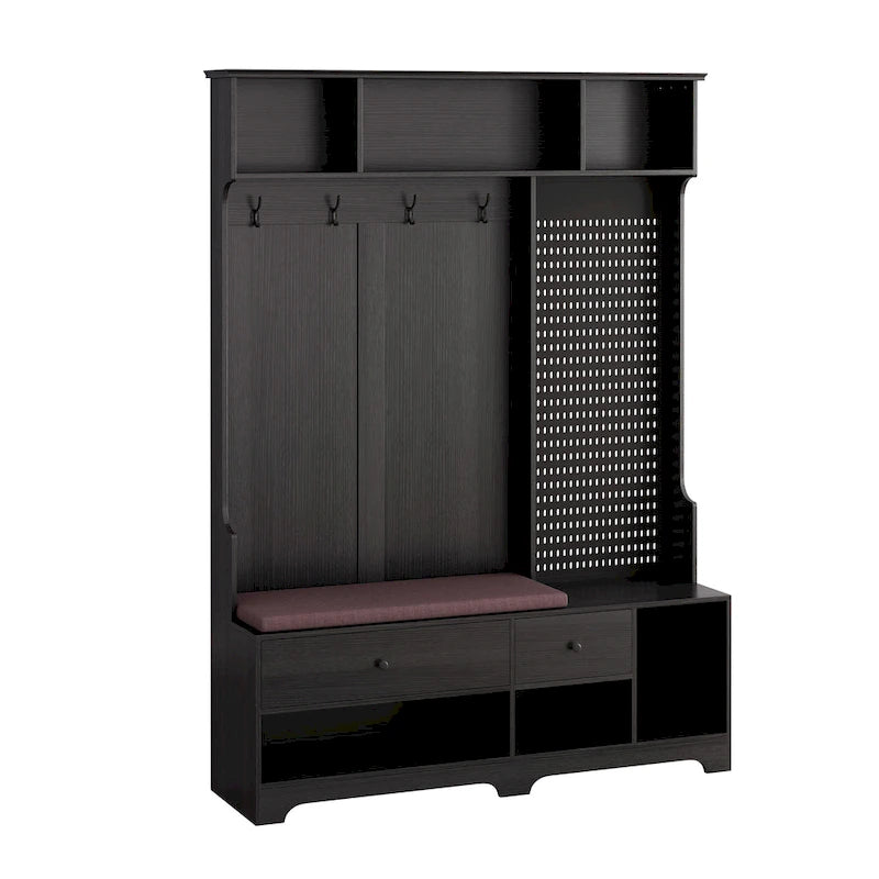 Meuble d'entrée / Vestiaire noir / blanc / marron avec banc à chaussures et panneau perforé, rangement 5-en-1