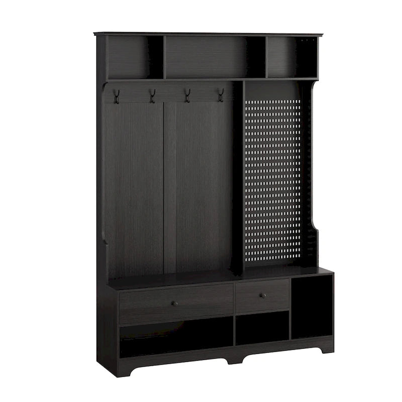 Meuble d'entrée / Vestiaire noir / blanc / marron avec banc à chaussures et panneau perforé, rangement 5-en-1
