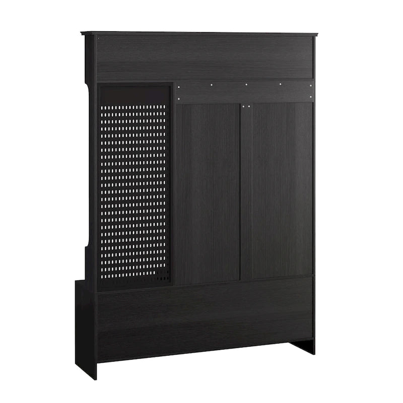 Meuble d'entrée / Vestiaire noir / blanc / marron avec banc à chaussures et panneau perforé, rangement 5-en-1