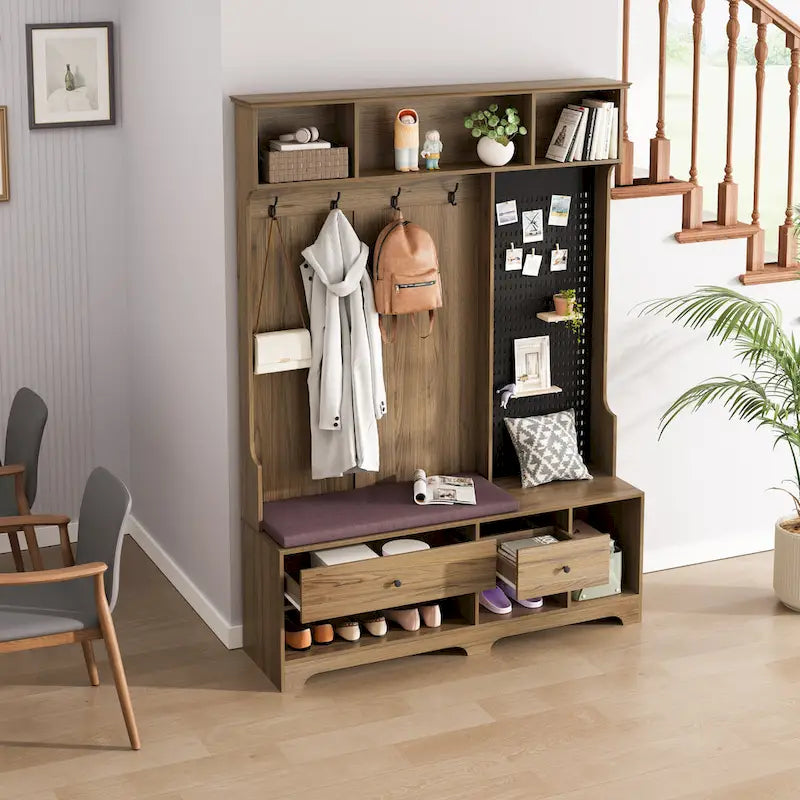 Meuble d'entrée / Vestiaire noir / blanc / marron avec banc à chaussures et panneau perforé, rangement 5-en-1