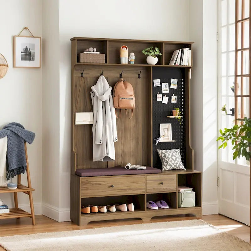 Meuble d'entrée / Vestiaire noir / blanc / marron avec banc à chaussures et panneau perforé, rangement 5-en-1