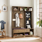 Meuble d'entrée / Vestiaire noir / blanc / marron avec banc à chaussures et panneau perforé, rangement 5-en-1