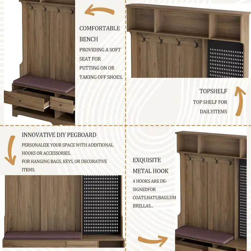 Meuble d'entrée / Vestiaire noir / blanc / marron avec banc à chaussures et panneau perforé, rangement 5-en-1