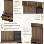 Meuble d'entrée / Vestiaire noir / blanc / marron avec banc à chaussures et panneau perforé, rangement 5-en-1