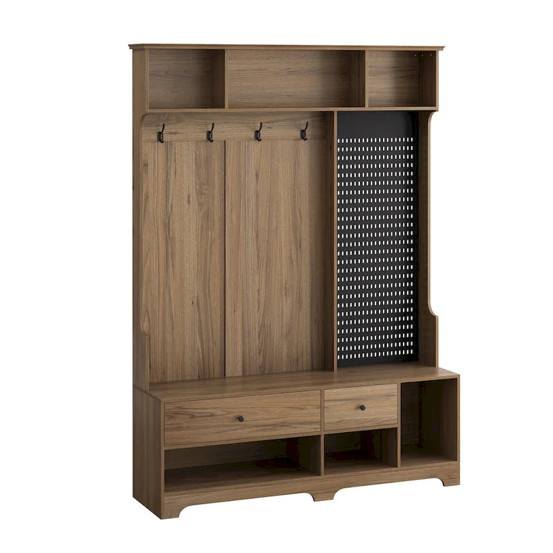 Meuble d'entrée / Vestiaire noir / blanc / marron avec banc à chaussures et panneau perforé, rangement 5-en-1
