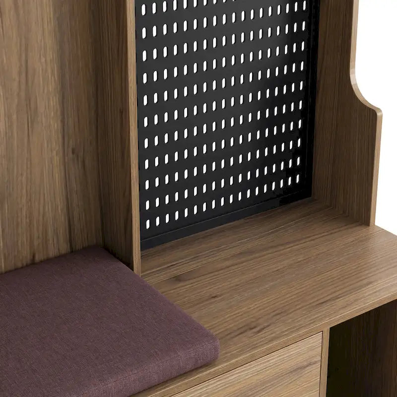 Meuble d'entrée / Vestiaire noir / blanc / marron avec banc à chaussures et panneau perforé, rangement 5-en-1